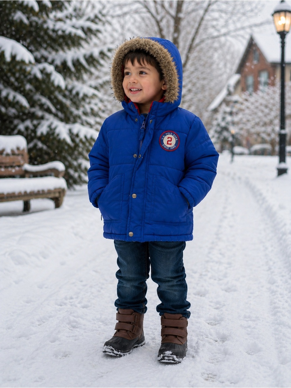 U.S. Polo Assn. Boys Blue Faux Fur Hooded Winter Jacket Size 3T